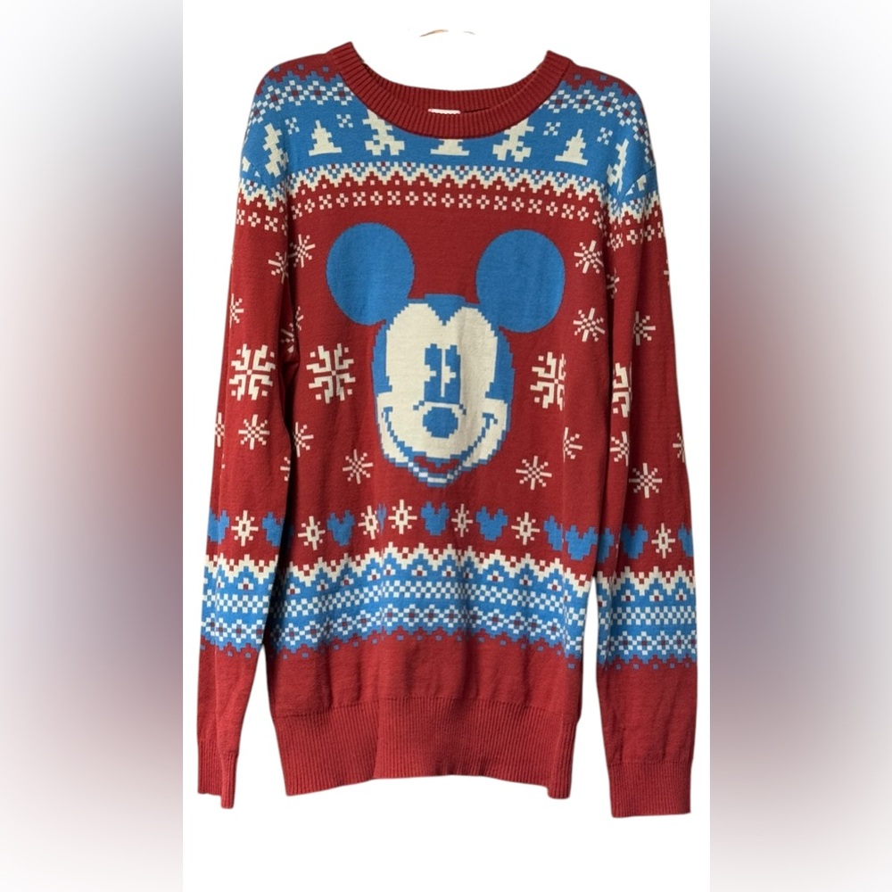 EUC Disney Mickey Mouse Mens Holiday Christmas Sweater Large L Red Blue